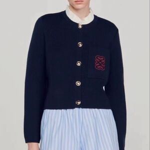 NWT - SANDRO Ruffled Collar Knit Cardigan - Navy Blue - Size 1